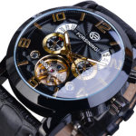 Forsining Mode Schwarz Gold Uhr Multi Funktion Armbanduhr Leder