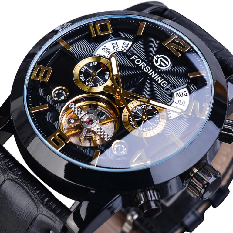 Forsining Mode Schwarz Gold Uhr Multi Funktion Armbanduhr Leder – Bild 1