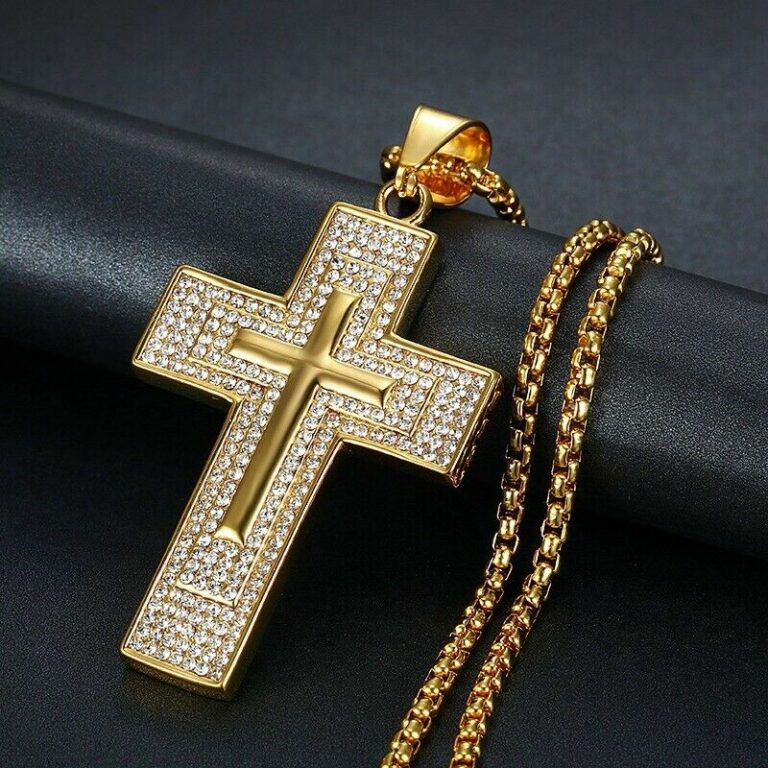 571-12.jpg Edelstahl Damen Herren Gold Halskette Schmuck Jesus Kreuz Glaube Zirkonia – Bild 1