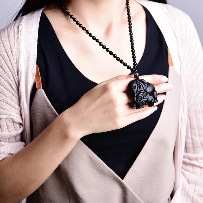 Mutter Baby Elefant Anhänger Halskette Modeschmuck Handarbeit Schwarzer Obsidian – Bild 3