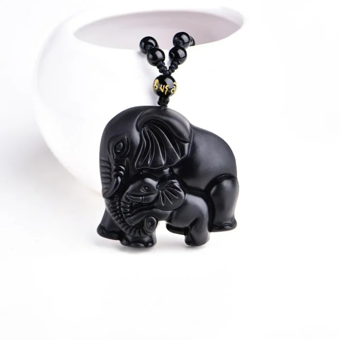 Mutter Baby Elefant Anhänger Halskette Modeschmuck Handarbeit Schwarzer Obsidian – Bild 1