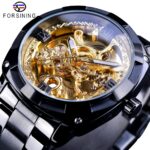 Forsining Retro Klassische Royal Design Goldene Skeleton Schwarz Stahl Transparent Herren Automatische Mechanische Uhren Top Marke Luxus