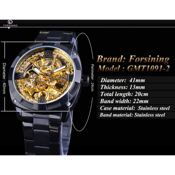 Forsining Retro Klassische Royal Design Goldene Skeleton Schwarz Stahl Transparent Herren Automatische Mechanische Uhren Top Marke Luxus – Bild 3