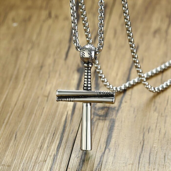 Genial Baseball-Spieler und Gestapelt Baseballs Bat Kreuz Anhänger Halskette Edelstahl Glauben Männlichen Schmuck 24in – Bild 3