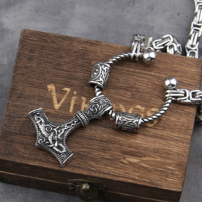 Edelstahl Silber Königs Kette Thors Hammer Vikinger Halskette Geschenk Box – Bild 2