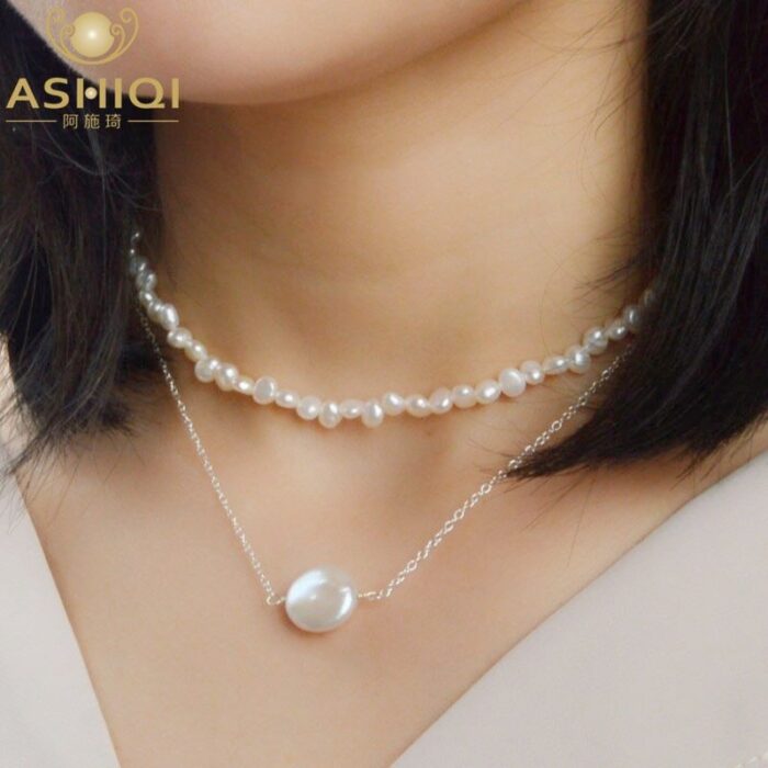 ASHIQI Natural 4-5mm  Baroque Pearl Choker Necklace with 925 Silver Clasp Jewelry for Women – Bild 5