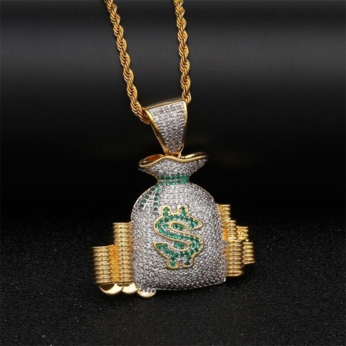 Iced Anhänger Geldsack +  Rope Chain Halskette 60cm Männer Schmuck – Bild 4