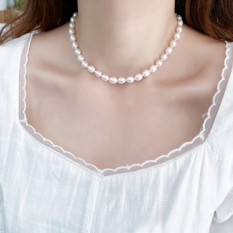 ASHIQI Real white natural freshwater pearl necklace  , 40 cm/45 cm pearl jewelry for women gift – Bild 4