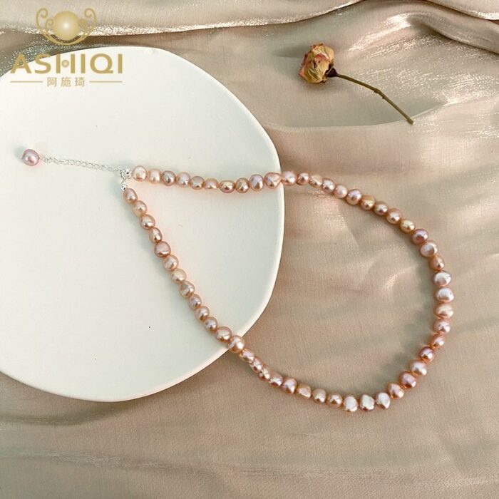 ASHIQI Natural Freshwater Pearl Baroque 925 Sterling Silver Necklace Button Jewelry for Women – Bild 1