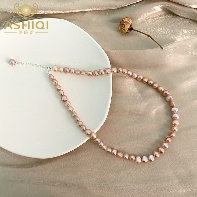 ASHIQI Natural Freshwater Pearl Baroque 925 Sterling Silver Necklace Button Jewelry for Women – Bild 1