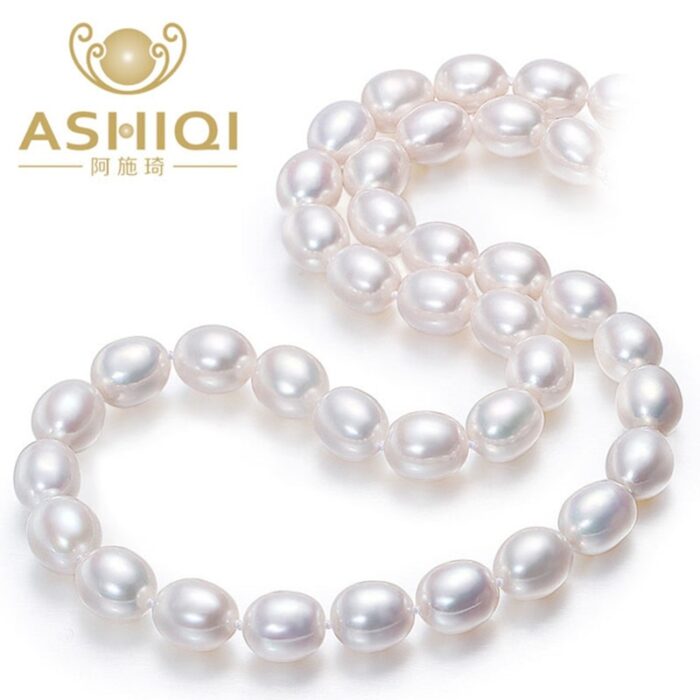 ASHIQI Real white natural freshwater pearl necklace  , 40 cm/45 cm pearl jewelry for women gift – Bild 1