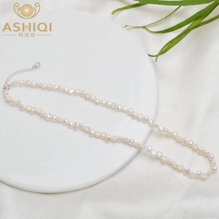 ASHIQI Natural 4-5mm  Baroque Pearl Choker Necklace with 925 Silver Clasp Jewelry for Women – Bild 1
