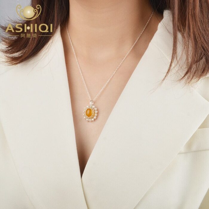 ASHIQI Real Freshwater pearl Natural agate Necklace Pendant 925 silver Handmade design Vintage jewelry – Bild 3