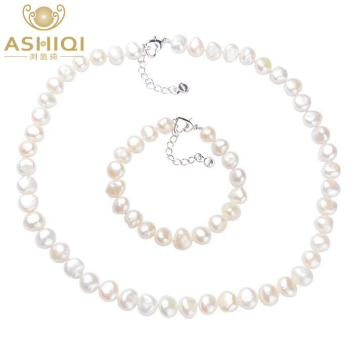 ASHIQI Real White Natural Baroque pearl Jewelry Sets Real Freshwater pearl Necklace Bracelet for women – Bild 6