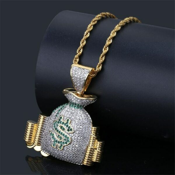 Iced Anhänger Geldsack +  Rope Chain Halskette 60cm Männer Schmuck