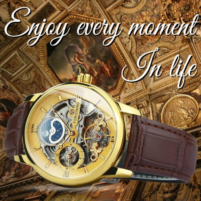 Forsining Klassische Herren Skeleton Uhr Automatische Uhren Herren Top Marke Luxus Lederband Mondphase Mechanische Uhr – Bild 2