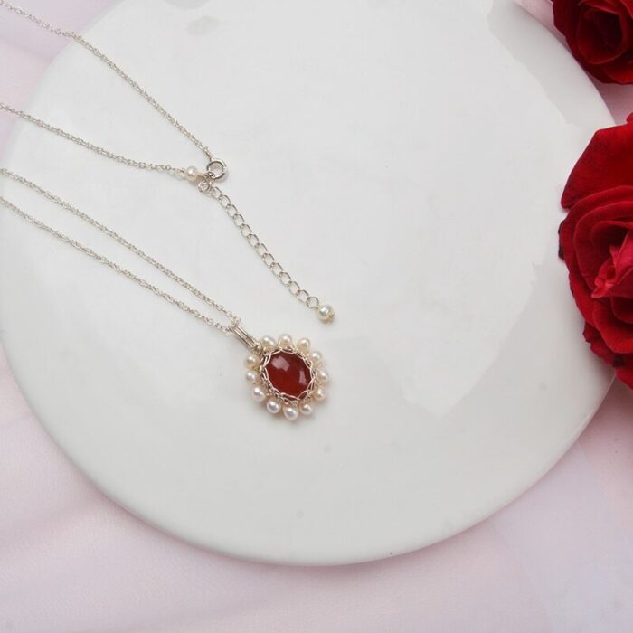 ASHIQI Real Freshwater pearl Natural agate Necklace Pendant 925 silver Handmade design Vintage jewelry – Bild 6