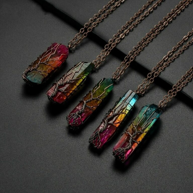 SEDmart-7Chakra-Ainbow-Natuerliche-Stein-Kupfer-Draht-Anhaenger-Halskette-fuer-Frauen-Maenner-Lange-Kette-Baum-des.jpg Handgemachte Natürliche Kristall Anhänger Halskette für Frauen Männer Kette – Bild 1