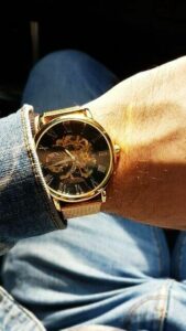 HERREN ARMBANDUHR Edelstahl Armband - Handaufzug Mechanisch Skelett Stil Gold – Bild 3