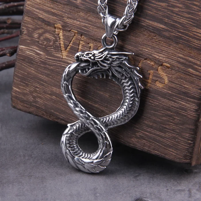 Men Necklace Chain Pendant Silver Gold Steel Norse Dragon Snake Symbol Infinity – Bild 2