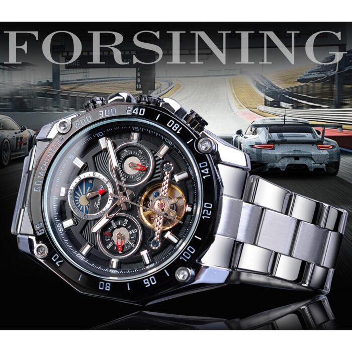 Forsining Marke Schwarz Männlich Mechanische Uhren Automatische Multifunktions Mondphase Datum Racing Sport Stahlband – Bild 2