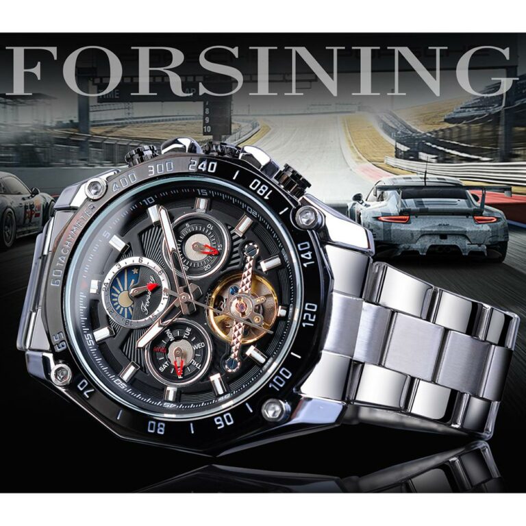 Forsining Marke Schwarz Männlich Mechanische Uhren Automatische Multifunktions Mondphase Datum Racing Sport Stahlband – Bild 2