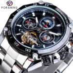 Forsining Marke Schwarz Männlich Mechanische Uhren Automatische Multifunktions Mondphase Datum Racing Sport Stahlband