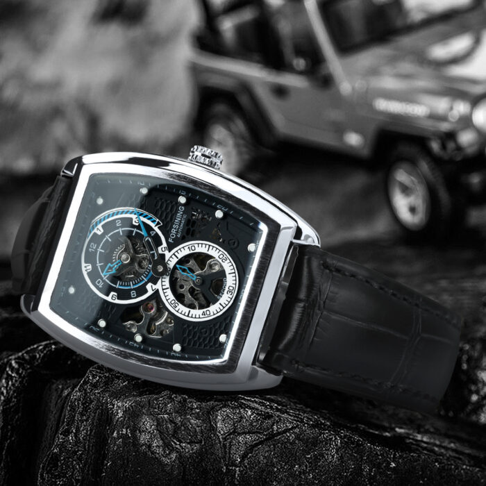 Forsining Militär-Sportuhr für Herren automatisch mechanisch Skelett schwarze Hilfszifferblätter leuchtende Uhr Lederarmband – Bild 5