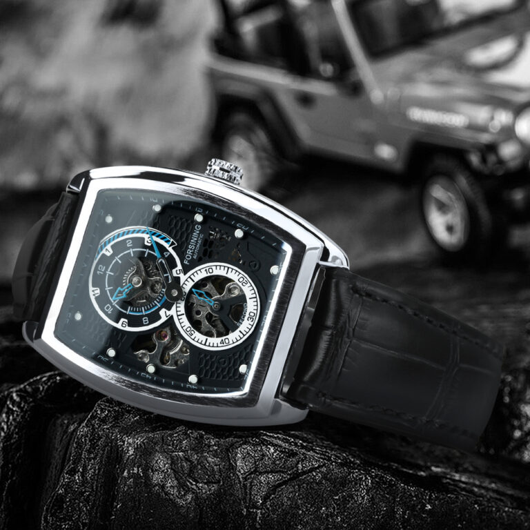 Forsining Militär-Sportuhr für Herren automatisch mechanisch Skelett schwarze Hilfszifferblätter leuchtende Uhr Lederarmband – Bild 5