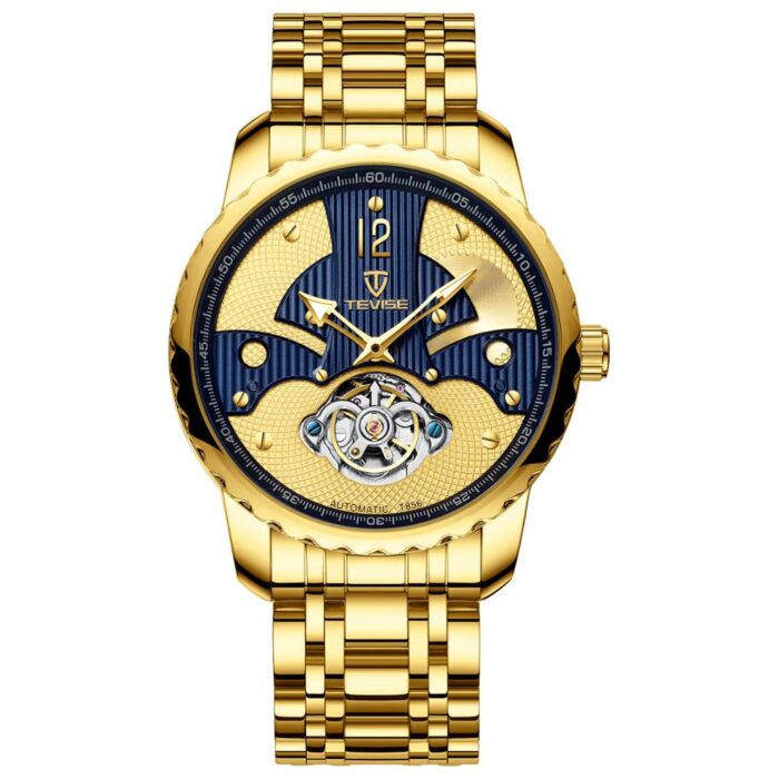 TEVISE Herrenuhr Automatikuhr Mechanische Uhr Automatik Gold Edelstahl Band – Bild 2