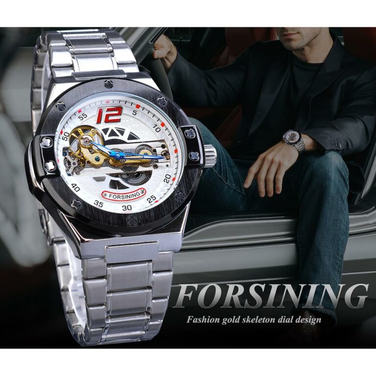 Forsining Unique Men Sport Watches Automatic Mechanical Transparent Bridge Silver Race Car Army Stainless Steel Belts Wristwatch – Bild 3