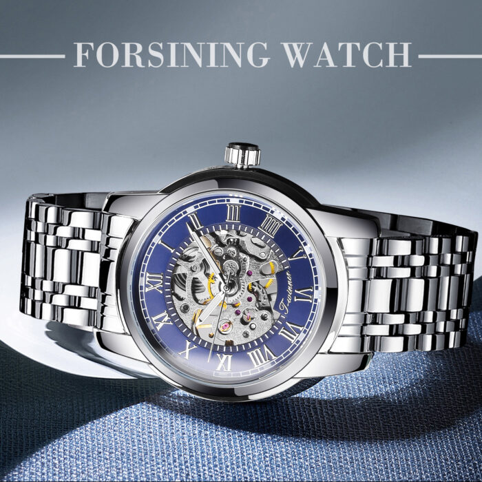 Forsining Mode Blau Militär Mechanische Edelstahl Uhr Leucht Sport Herren Skeleton Uhren – Bild 2