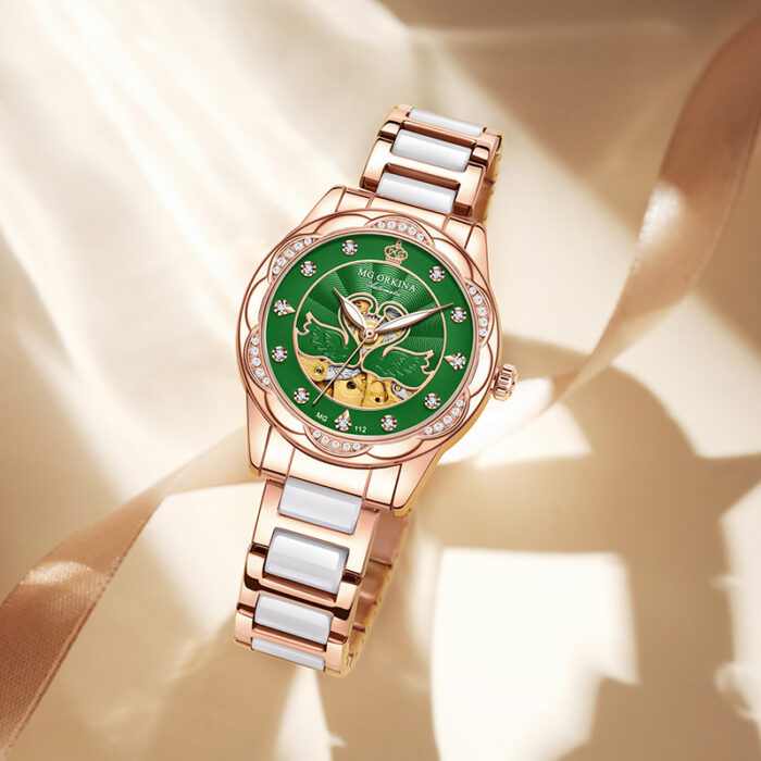 Damenuhr Mechanische Armbanduhr Weibliche Skelett Uhren für Frauen Luxus Edelstahl – Bild 4