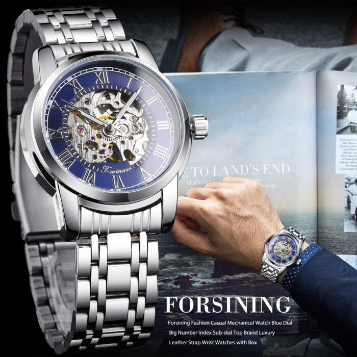 Forsining Mode Blau Militär Mechanische Edelstahl Uhr Leucht Sport Herren Skeleton Uhren – Bild 3