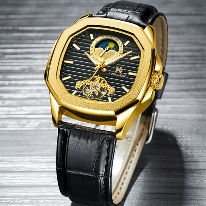 Automatische Mechanische Uhr Herren Armbanduhr Militärsport Automatikuhr Leder Armband – Bild 5