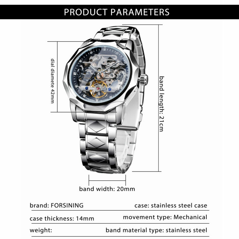Forsining Skeleton Mechanische Armbanduhr Herren Design Automatikuhr Wasserdicht Business Style Uhren Silber – Bild 5