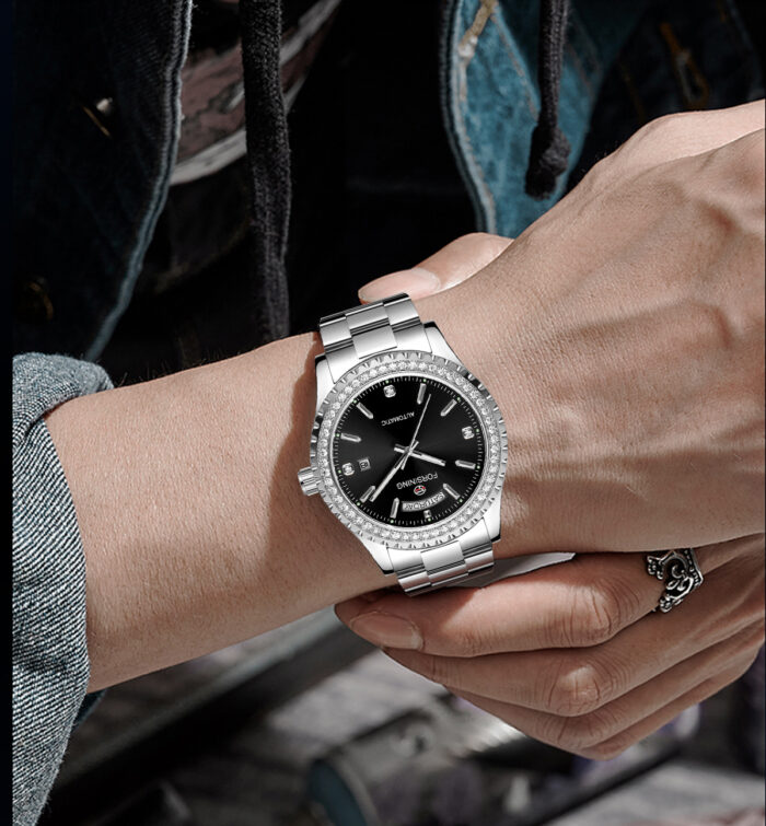 Forsining Diamond Luxury Men Edelstahl versteckter Verschluss automatische mechanische Uhr multifunktionales automatisches Datums-Wochen-Zifferblatt – Bild 5