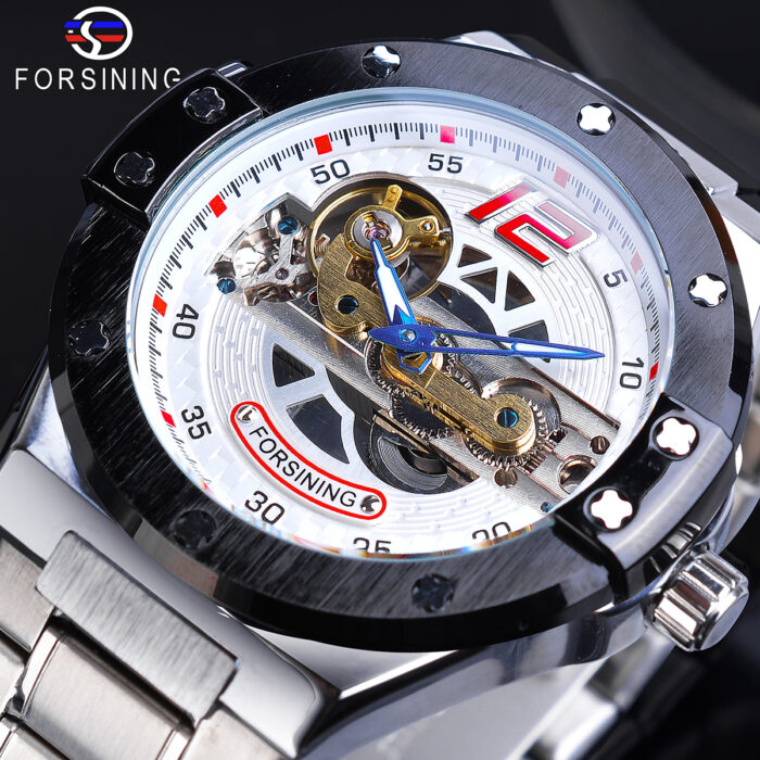 Forsining Unique Men Sport Watches Automatic Mechanical Transparent Bridge Silver Race Car Army Stainless Steel Belts Wristwatch – Bild 1