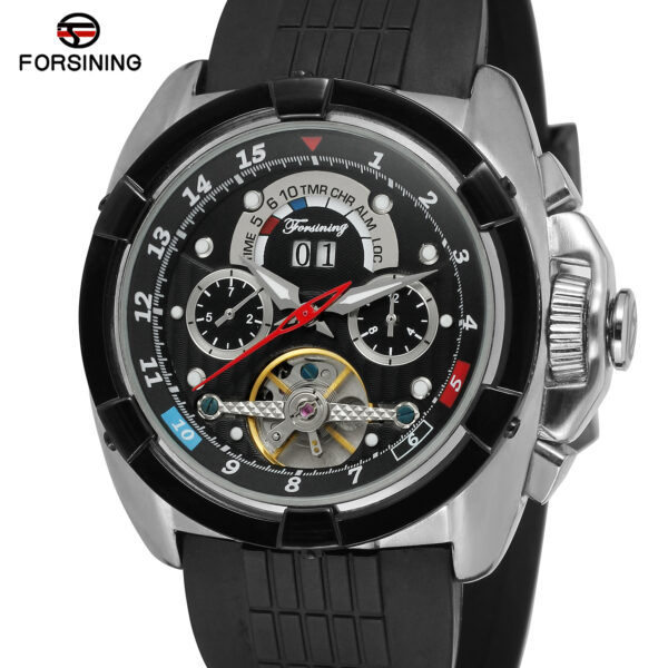 FORSINING Top Brand Men Auto Mechanical Watch Silicone Round Date Multifunction Sub-dials Military Sport Wristwatches