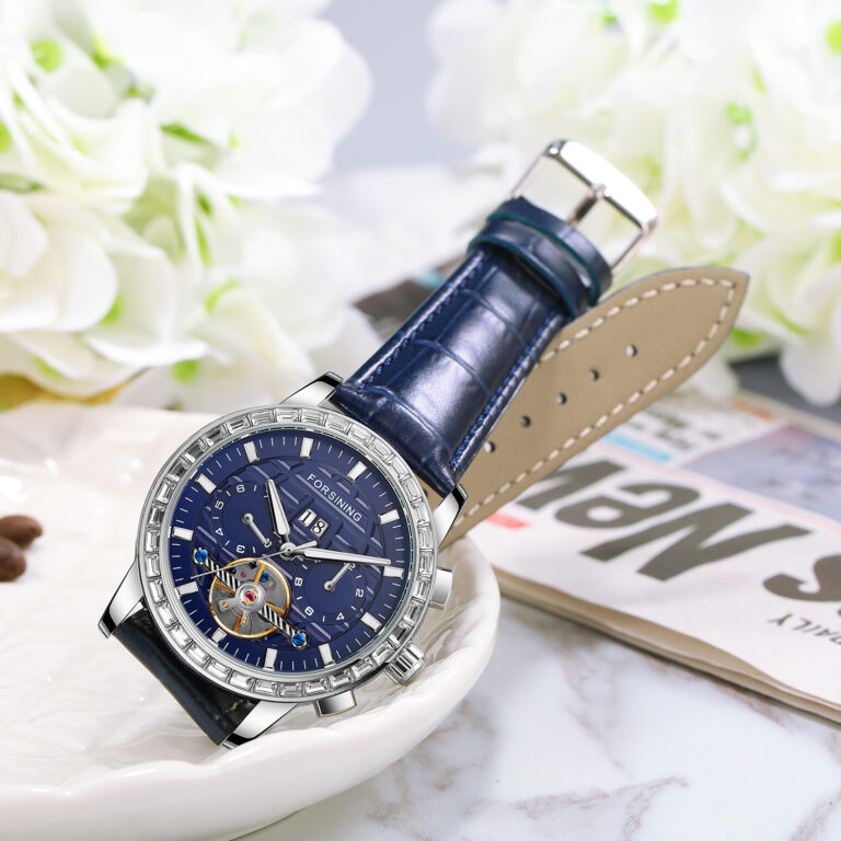FORSINING Herrenuhren Luxus Automatische Mode Blau Echtes Lederband Display Kalender Armbanduhr – Bild 3