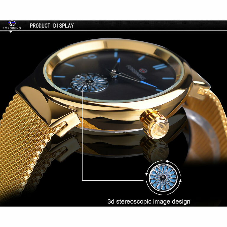 Forsining 2022 Minimalistisches Design Goldenes Edelstahlgewebeband 3D Bewegliche Kleine Wasserdichte Einzigartige Mechanische Steampunk-Uhren – Bild 4