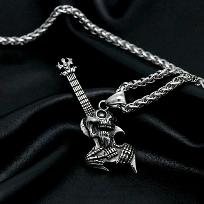 Punk Gothic Skull Electric Guitar Pendant Necklace For Men Fashion 316L Stainless Steel Hip Hop Skull Necklace – Bild 1