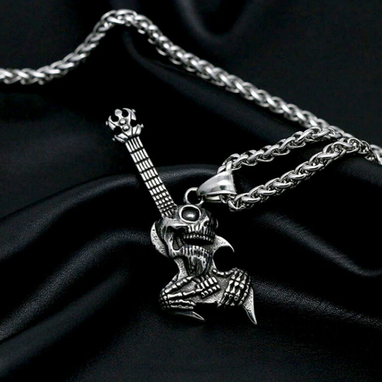 Punk Gothic Skull Electric Guitar Pendant Necklace For Men Fashion 316L Stainless Steel Hip Hop Skull Necklace – Bild 1