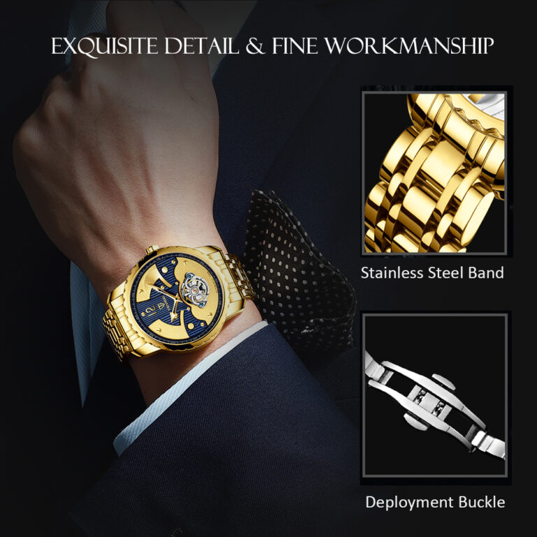 TEVISE Herrenuhr Automatikuhr Mechanische Uhr Automatik Gold Edelstahl Band – Bild 5