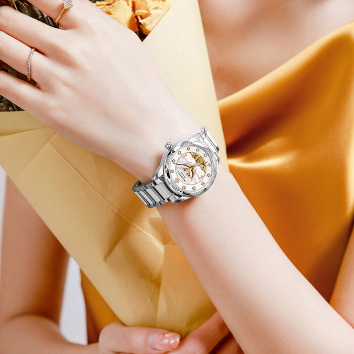 Damenuhr Mechanische Armbanduhr Weibliche Skelett Uhren für Frauen Luxus Edelstahl – Bild 5