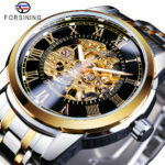 Forsining Fashion Golden Military Hollow Mechanische Edelstahluhr Leuchtende Sport Herrenuhren