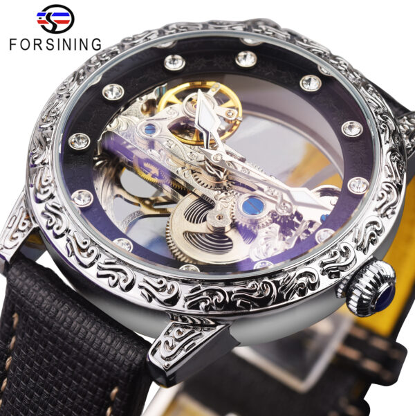 FORSINING Marke Automatik Silber Leuchtend Selbstaufzug Skeleton Design Luxus Herren Lederuhren Stahl Mechanische Uhren