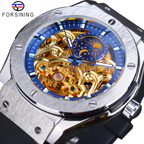 Forsining Lässige wasserdichte Silikonband Männer automatische mechanische Skeleton Schwungrad Mondphase Business Watch Relojes Hombre