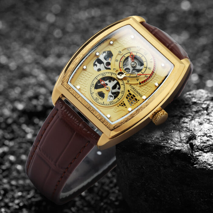 Forsining Militär-Sportuhr für Herren automatisch mechanisch Skelett schwarze Hilfszifferblätter leuchtende Uhr Lederarmband – Bild 4