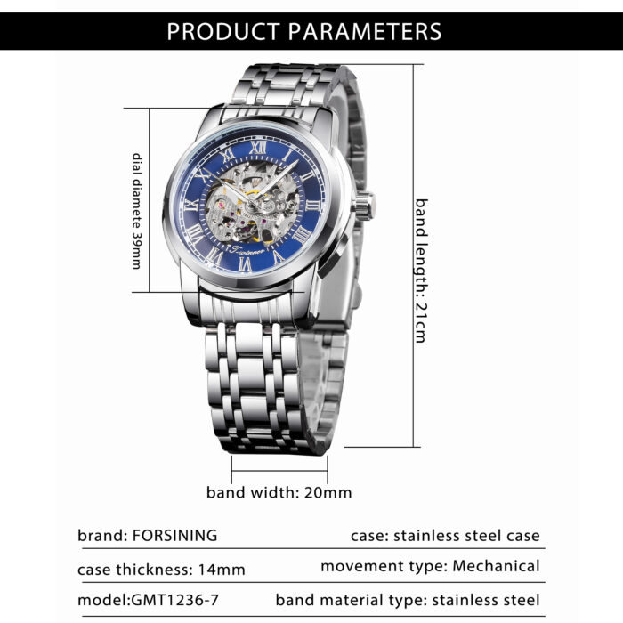 Forsining Mode Blau Militär Mechanische Edelstahl Uhr Leucht Sport Herren Skeleton Uhren – Bild 6